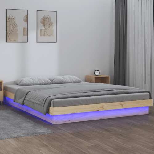 vidaXL 4FT6 Double LED-es tömör fa ágykeret, fenyőfából, 135 x 190 cm, távirányítóval, színváltó LED-ekkel - Ágykeret