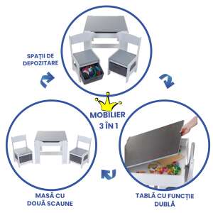 Suporto gyerek asztal székkel, egyszerű használathoz, 3 funkció az 1-ben, étkezőasztal székekkel gyerek, rajztábla, íráshoz, színezéshez, játéktároló dobozok, MDF bútorok, 3-6 éves korúaknak, 61095532 Bababútor