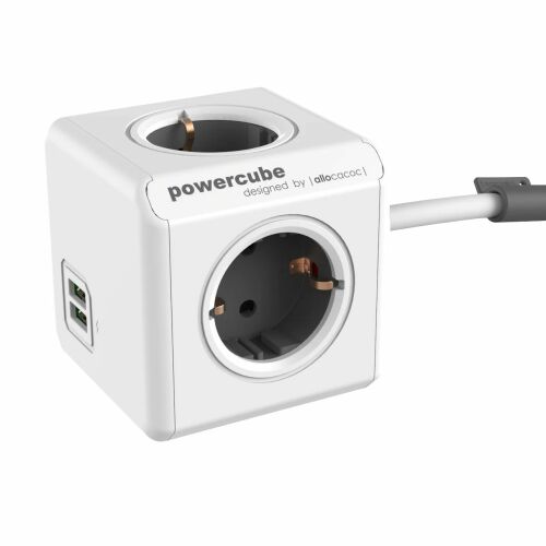 Allocacoc PowerCube Extended USB prelungitor cu USB, cablu 3m, alb și gri
