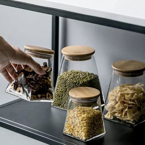 Quasar & Co. Piramis glass containers with bamboo lids filled with pasta, grains, and dried fruits
