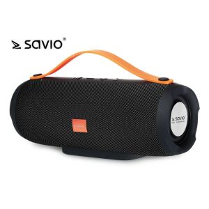 Savio BS-023 Bluetooth-Lautsprecher mit orangefarbenem Griff und Savio-Logo - Bluetooth Lautsprecher