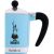 Close-up of Bialetti Rainbow light blue stovetop espresso maker handle and logo