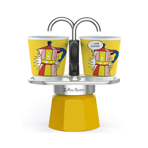 Bialetti Mini Express stovetop espresso maker with two cups, yellow, Lichtenstein design