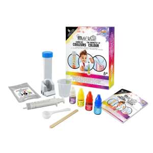 Buki Mini Lab The Chemistry of Colour science kit, showing all the components: test tubes, beakers, droppers, powders, and instructions - Science & Discovery Toy