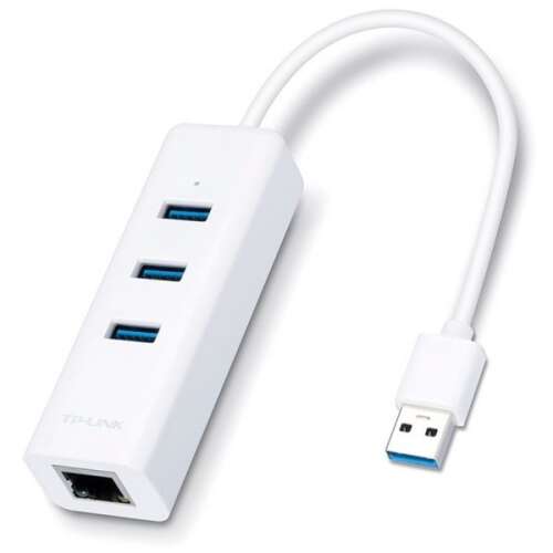 TP-Link UE330 3-portový USB 3.0 rozbočovač a gigabitový Ethernet adaptér, biely, šikmý pohľad