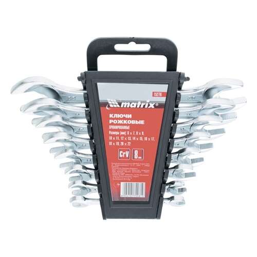 Matrix 8 piece open-end wrench set, sizes 6-22mm, chrome vanadium steel, polished chrome nickel finish, trapezoidal plastic holder