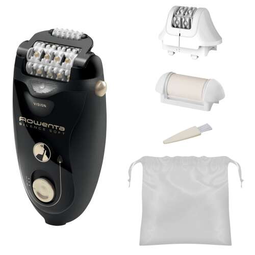 Rowenta EP5628F0 Epilator with accessories, including a  skin exfoliating roller, a replaceable head, and a protective case