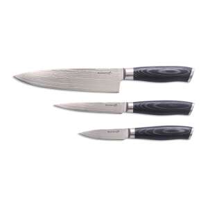 G21 Gourmet Damascus kés szett, 3 darabos, séfkés, univerzális kés, szeletelő kés, fekete fa markolat, damaszkuszi acél - Konyhakés