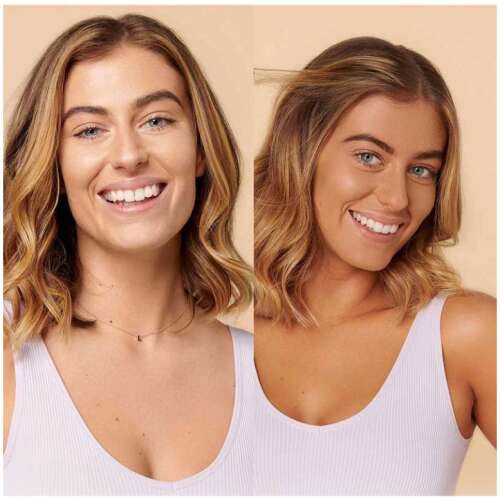 Before and after using ST. MORIZ Fast Tan Lotion, showing a natural-looking tan on a woman's face and neck.