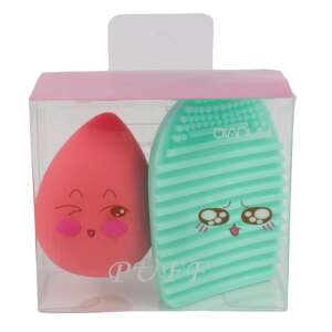 Nova Kiss Makeup Sponge and Brush Cleaning Set, pink and green, with cute faces - Makeup Sponge