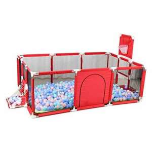 Piros járóka kosárlabda palánkkal és focikapuval, 100 színes labda a csomagban - Járóka