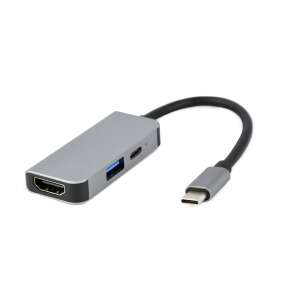 Адаптер Gembird USB Type-C 3 в 1 мултипорт, сребърен, с USB, HDMI и PD портове - Gembird