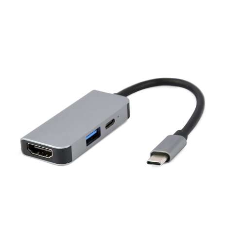 Адаптер Gembird USB Type-C 3 в 1 мултипорт, сребърен, с USB, HDMI и PD портове
