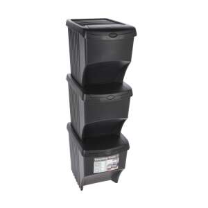 Black recycling tower set, Excellent Houseware, 3 bins, kitchen, bathroom, office, home, recycling, trash, garbage, waste, sorting, storage - Trash can