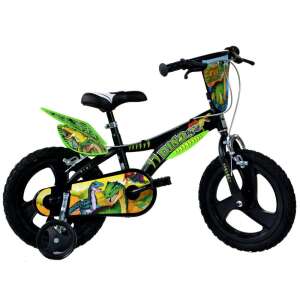 Rower dziecięcy Dino Trex 16 cali z kółkami podporowymi, czarny z zielonym wzorem dinozaura - Dino Bikes