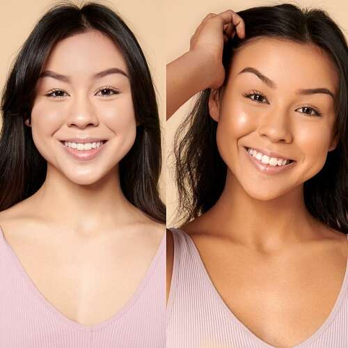 Before and after photo showing the results of using St. Moriz self tanning mousse, dark shade