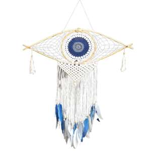 Nagy kék szemű álomfogó fehér tollak fehér háttér előtt - Álomfogó
