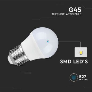 V-TAC G45 E27 3.7W LED izzó, hideg fehér, hőre lágyuló műanyag ház, SMD LED-ek - V-TAC