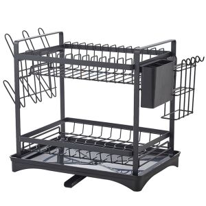 Quasar & Co. fekete fém kétszintes edényszárító evőeszköz- és pohártartóval, ferde nézet - Konyhai eszköz