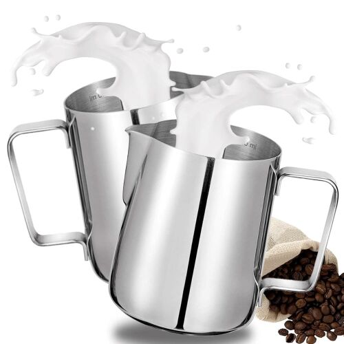Quasar &Co.®, 2-piece stainless steel pitcher set with scale, frothing latches with handle, milk or cappuccino jugs, with spout, bar jugs, barista jugs, 350 ml, h 9 cm 134579852