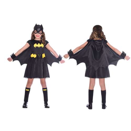 Batgirl jelmez lányoknak, 6-8 éveseknek, fekete ruha sárga denevér szimbólummal, köpeny és kesztyű - Játék