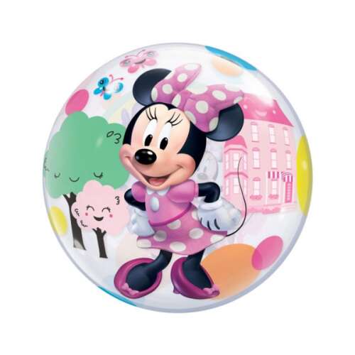 Minnie Mouse Buborék Lufi, 60 cm, átlátszó, rózsaszín pöttyös, Minnie Mouse-al és más rajzfilmfigurákkal
