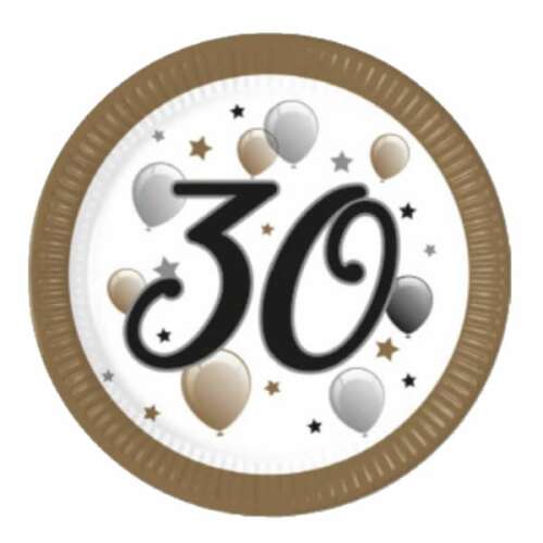 30. születésnapi papírtányér, arany és ezüst lufikkal, 8 db-os csomag - Otthon és kert
