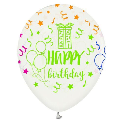 Felfújt Lufi Happy Birthday lufi, fehér színes Happy Birthday mintával, parti dekoráció - Lufi