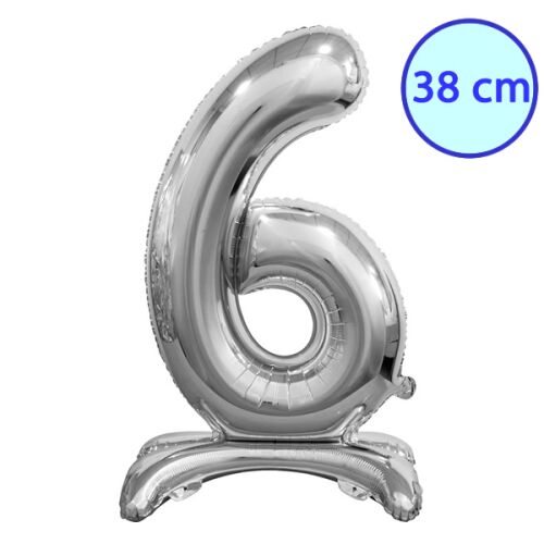 Ezüst 6-os szám fólia lufi állvánnyal, 38 cm 