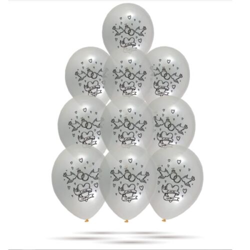Lufi átlátszó lufik arany karikagyűrűvel és galamb mintával, 30 cm, 10 db/csomag 