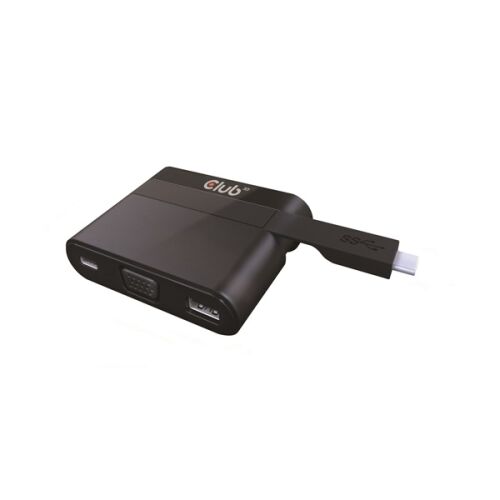 Club3D USB-C na VGA Mini Dock s portami USB 3.0 a USB-C na nabíjanie, pohľad z uhla