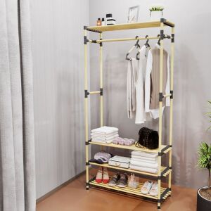 Quasar & Co. natural wood modular closet organizer with shelves and hanging rod in use - Shelve