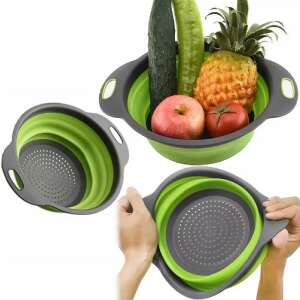 Collapsible silicone strainer with handles, green and gray, for washing fruits and vegetables, draining pasta, and more - Strainer & Sieve
