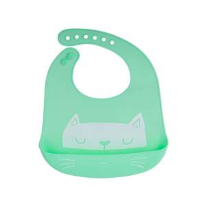 Zöld szilikon baba előke macska mintával, vízálló, könnyen tisztítható, ételgyűjtő zsebbel - Előke, büfikendő