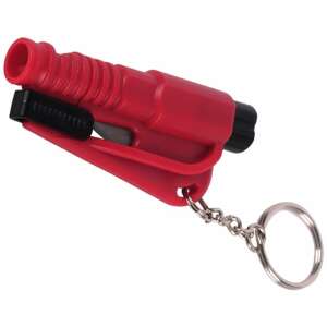 Red 4-in-1 safety keychain with window breaker, seatbelt cutter, whistle, and key ring - Keychain