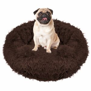 Pug sitting comfortably in a brown Springos plush dog and cat bed. - Cat Bed