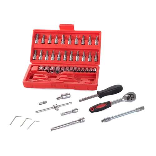 46 piece socket set with ratchet wrench, screwdriver bits, and allen keys