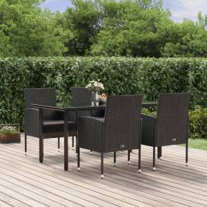 vidaXL 5-piece black poly rattan garden dining set with cushions on patio - Garden Dining Set