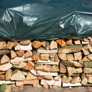 Green tarp covering a stack of firewood - Garden tarp