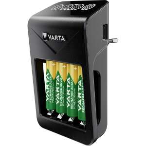 VARTA LCD Plug ładowarka z 4 bateriami AA włożonymi, czarna ładowarka z portem USB - Ładowarka