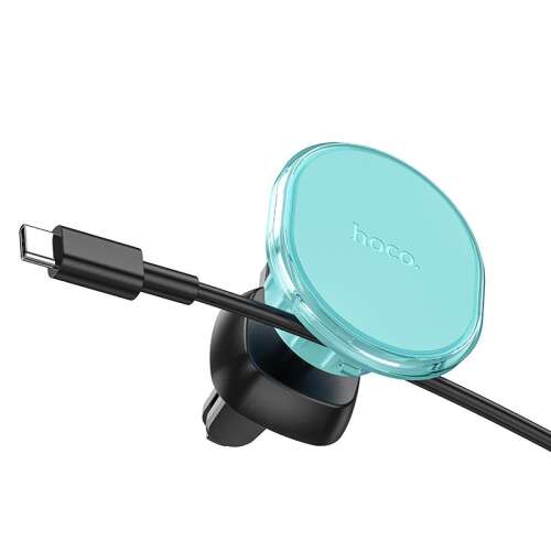 Hoco magnetic car phone holder for air vent, crystal clear blue color, with USB cable