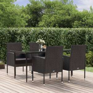 vidaXL 5-piece black poly rattan garden dining set with cushions on a wooden deck - Garden Dining Set