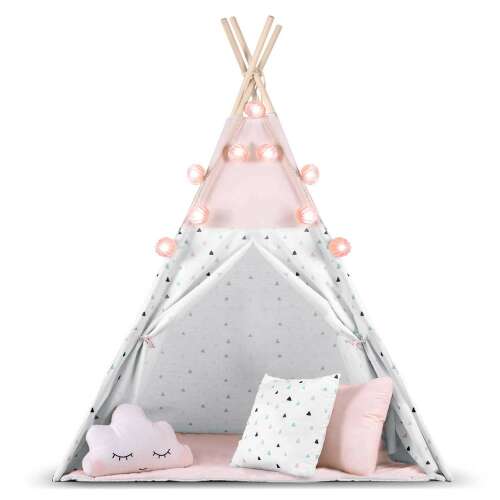 Nukido Kinder-Tipi Zelt in Rosa und Weiß mit Lichtern, Kissen und Zubehör auf weißem Hintergrund