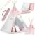 Nukido Kinder-Tipi Zelt in Rosa und Weiß mit Lichtern, Kissen und Zubehör auf weißem Hintergrund