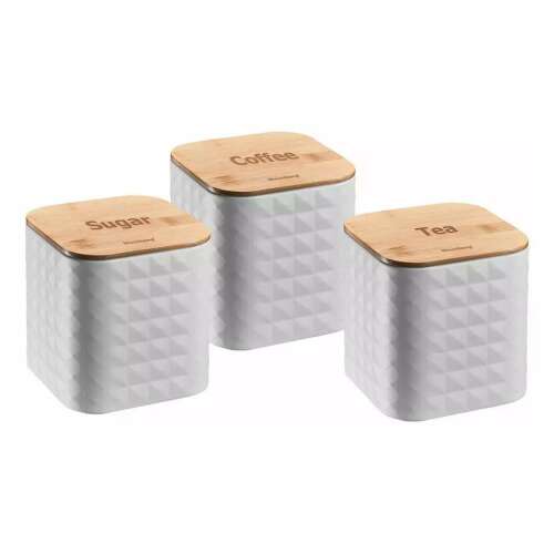 Klausberg 3-częściowy biały pojemnik na cukier, kawę i herbatę z bambusowymi pokrywkami