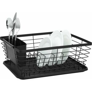 Kinghoff Scurgător de vase din metal negru cu suport pentru tacâmuri - Scurgator vase