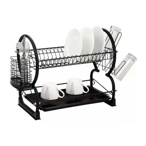 Kinghoff multi-functional dish drying rack, black, 2-tier, with cutlery holder, cup holder, and drip tray