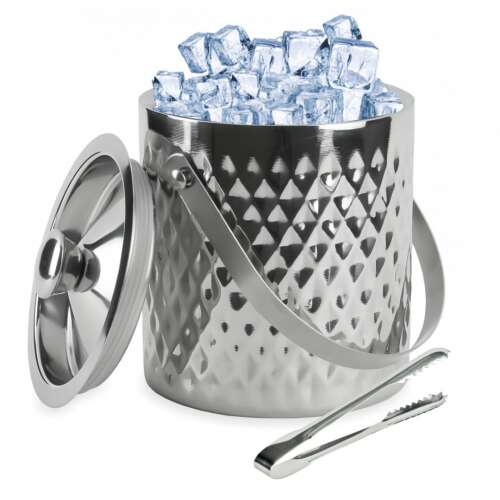 Kinghoff duplafalú jégvödör fedővel és jégfogóval, rozsdamentes acélból, Art Deco stílusú, 1,5L űrtartalommal
