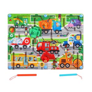 Golyóvezető Labirintus Vehicles Wooden Toy, a magnetic maze game for toddlers featuring colorful vehicles like a bus, fire truck, and ambulance. - Logic Game