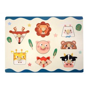 Fogantyús puzzle - állatfejes, fa állatfejes puzzle gombokkal kisgyermekeknek, finommotoros készségfejlesztő játék - Baba puzzle